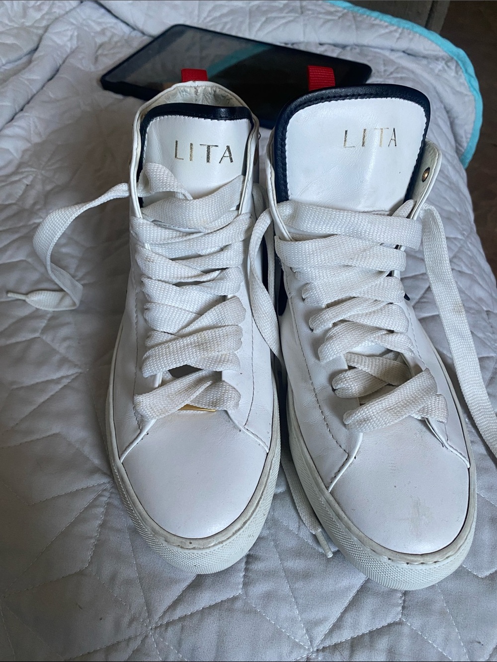 LITA White High-Top Sneakers with Navy Trim